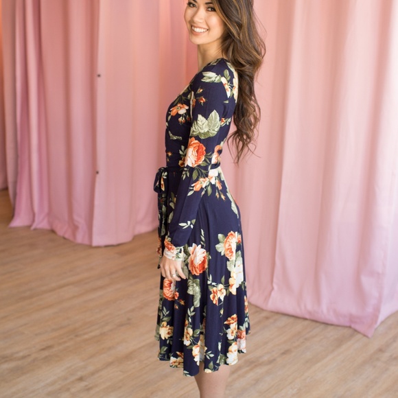 Faux Wrap Midi Dress - Navy/Yellow - Picture 3 of 3